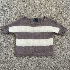 Short Sleeve Stripe Crewneck Sweater - Purple & Cream